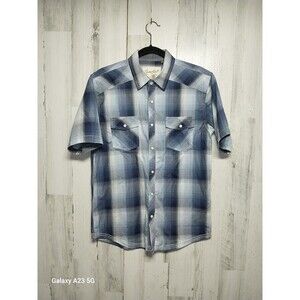 Coastal Western Shirt Mens Small Blue Plaid Short Sleeve Pearl Snap Up Cowboy